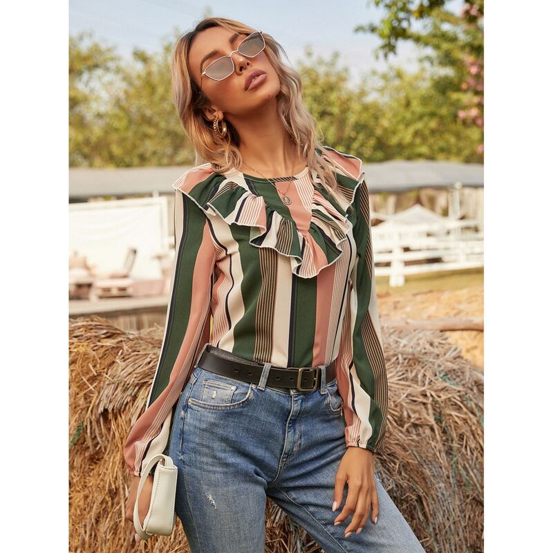 

Striped Ruffle Trim Tie Back Blouse, Multicolor