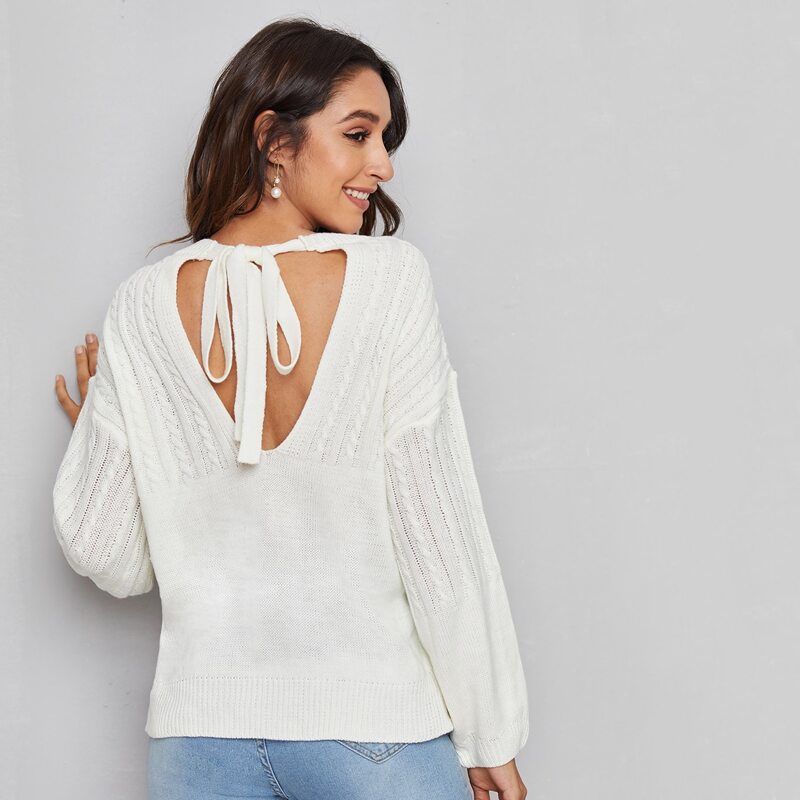 

Drop Shoulder Tie Open Back Sweater, White