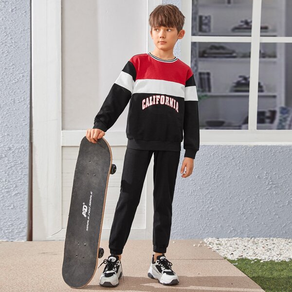 

Boys Letter Graphic Colorblock Pullover & Sweatpants Set, Multicolor