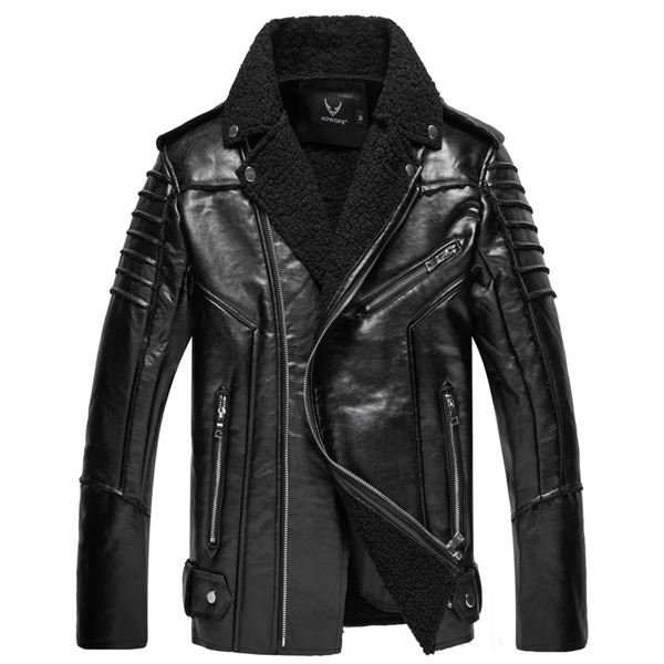 

Men PU Leather Zip Detail Teddy Collar Moto Jacket, Black