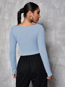 SHEIN Privé v領素色合身短版T恤 - 淺藍色 - 查看 2