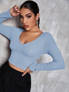 SHEIN Privé v領素色合身短版T恤 - 淺藍色 - 查看 4