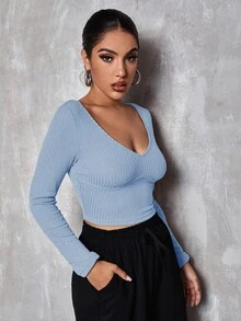 SHEIN Privé v領素色合身短版T恤 - 淺藍色 - 查看 5