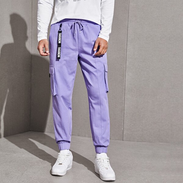 

Men Letter Tape Flap Pocket Cargo Pants, Violet purple