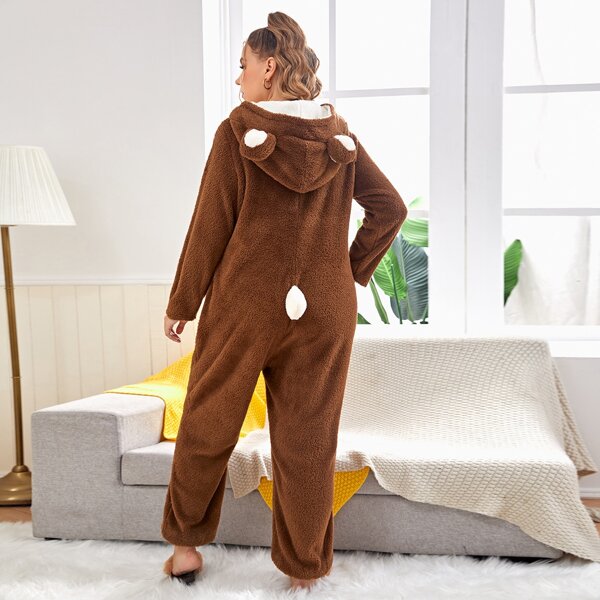 

Plus Pom Detail Zipper Front 3D Ears Design Teddy Sleep Jumpsuit, Coffee brown