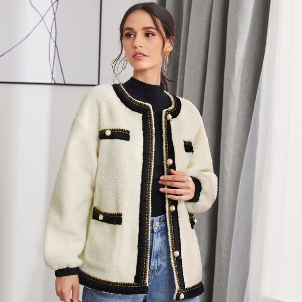 

Glitter Tape Trim Pearls Button Teddy Coat, Beige