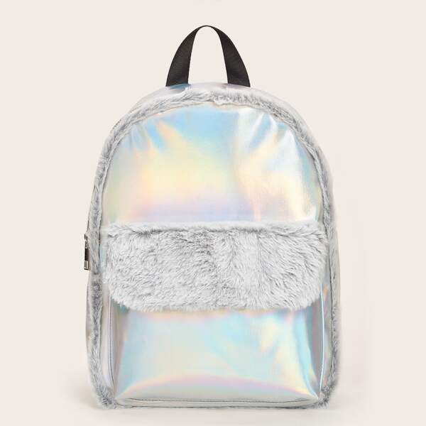 

Girls Holographic Pocket Front Backpack, Silver