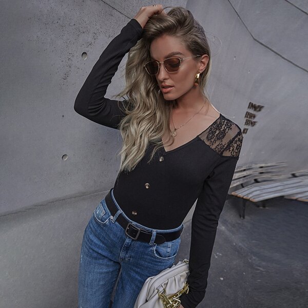 

Contrast Lace Button Front Tee, Black