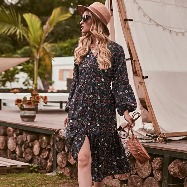 

Allover Floral Split Ruffle Hem Dress, Multicolor