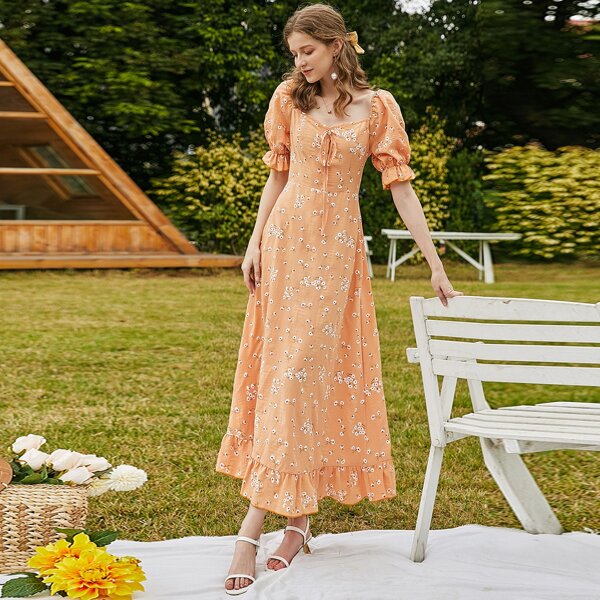 

Sweetheart Neck Ditsy Floral Puff Sleeve Ruffle Hem Dress, Orange pastel