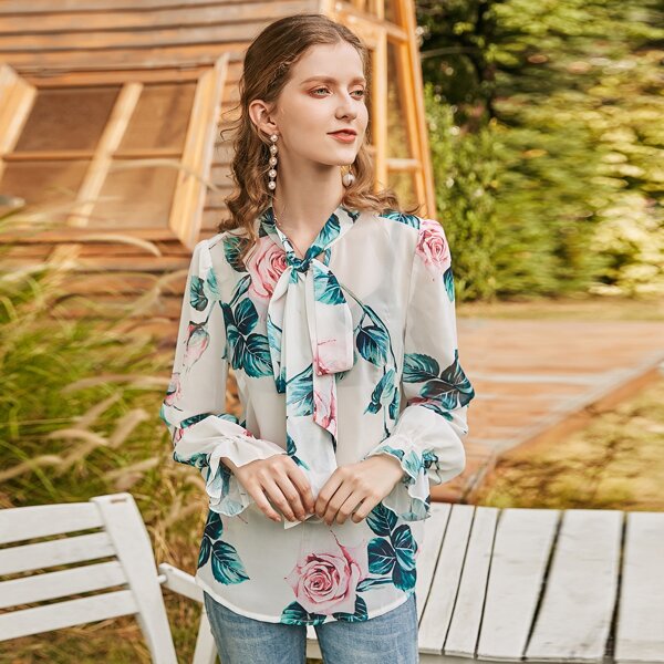 

Floral And Plants Print Tie Neck Flounce Sleeve Blouse, White