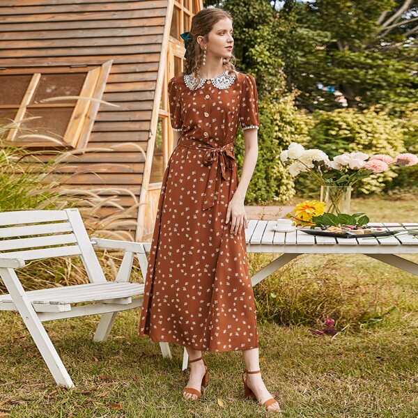 

All Over Plants Print Puff Sleeve Half Placket Belted Dress, Rust brown