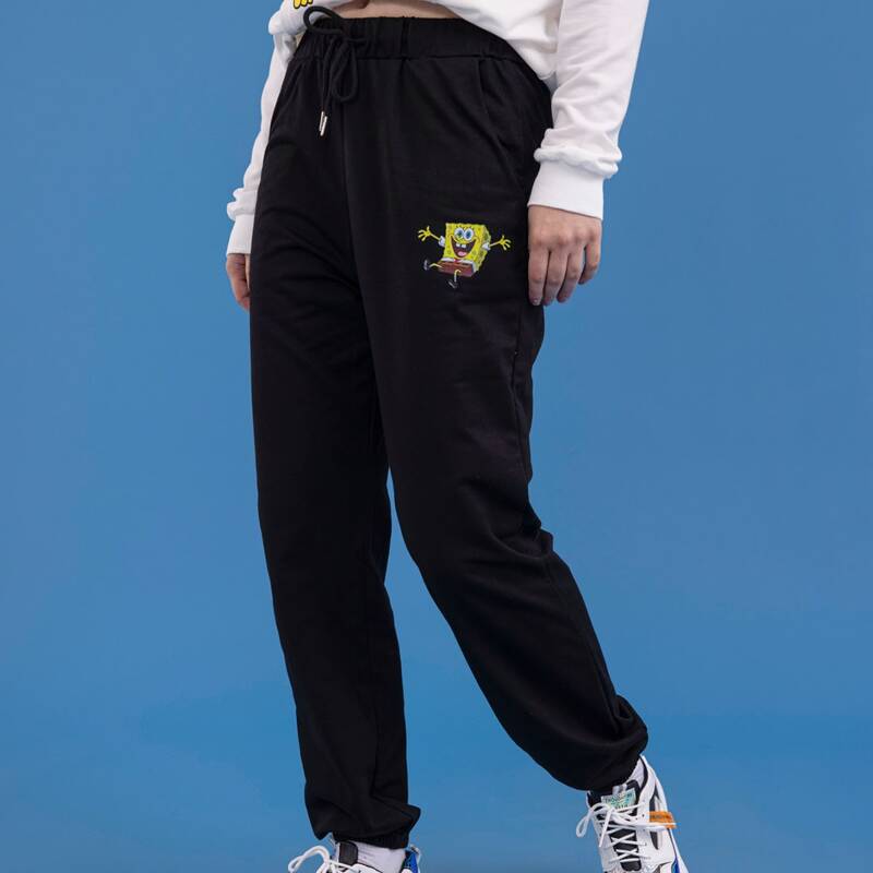 

ROMWE X SpongeBob Cartoon Graphic Drawstring Pants, Black