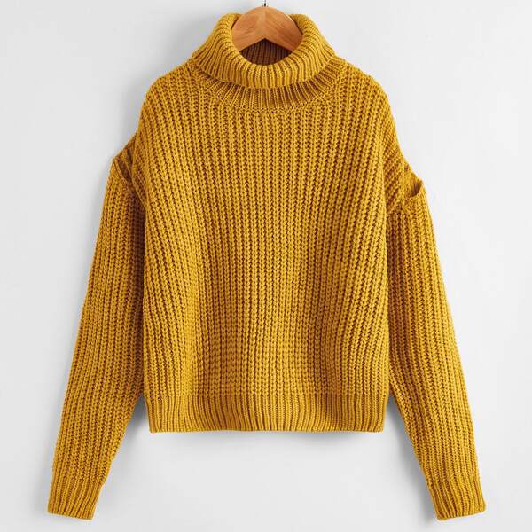 

Girls Rolled Sleeve Cold Shoulder Sweater, Mustard yellow