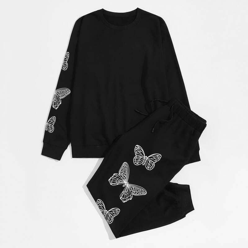 

Guys Butterfly Print Sweatshirt With Drawstring Waist Sweatpants, Black
