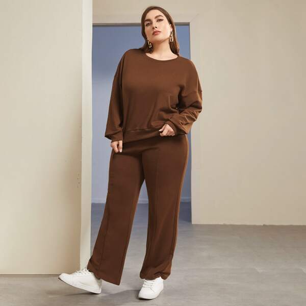 

Plus Drop Shoulder Solid Pullover & Pants Set, Coffee brown