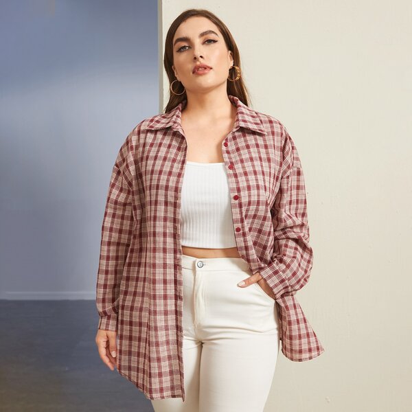 

Пуговица Клетчатый Институтский Блузы размер плюс, Бургундия