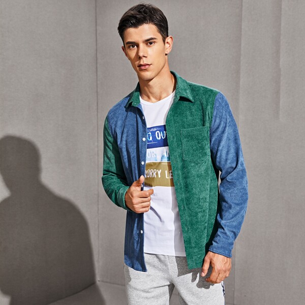 

Men Two Tone Curved Hem Cord Shirt, Multicolor