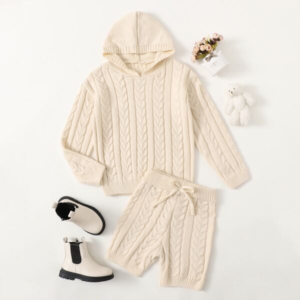 

Girls Cable Knit Hooded Sweater & Bow Front Shorts Set, Beige