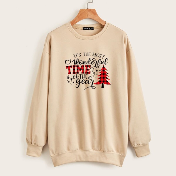 

Drop Shoulder Christmas Print Pullover, Apricot