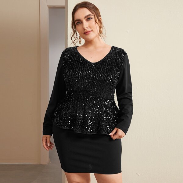 

Plus Sequin Peplum Top & Split Back Skirt Set, Black