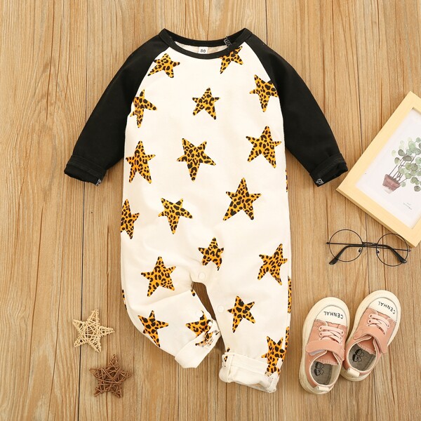 

Baby Girl Star Print Raglan Sleeve Jumpsuit, Black and white