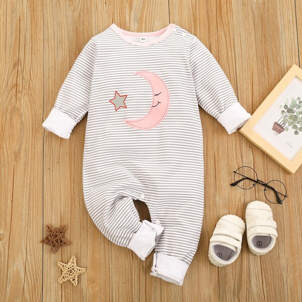 

Baby Unisex Striped And Cartoon Graphic Jumpsuit, Light grey
