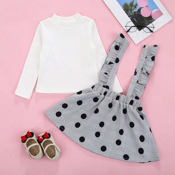 

Toddler Girls Solid Tee With Polka Dot Ruffle Trim Pinafore Skirt, Multicolor