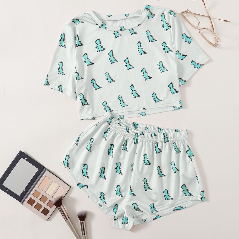

Allover Cartoon Dinosaur Pajama Set, Baby blue