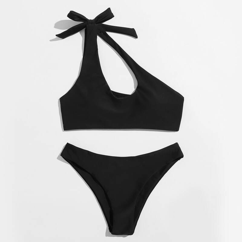 

Asymmetrical Neck Cut Out Bikini Swimsuit, Black