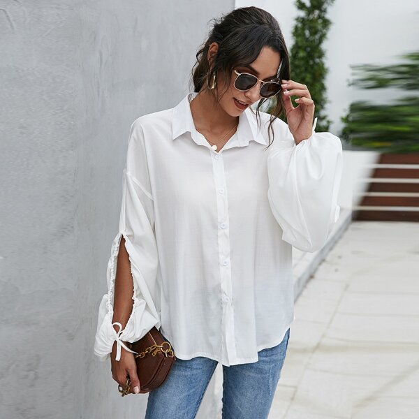 

Tie Cuff Drop Shoulder Button Up Blouse, White