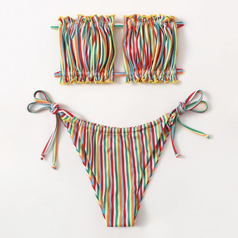 

Colorful Striped Ruched Tie Side Bikini Swimsuit, Multicolor