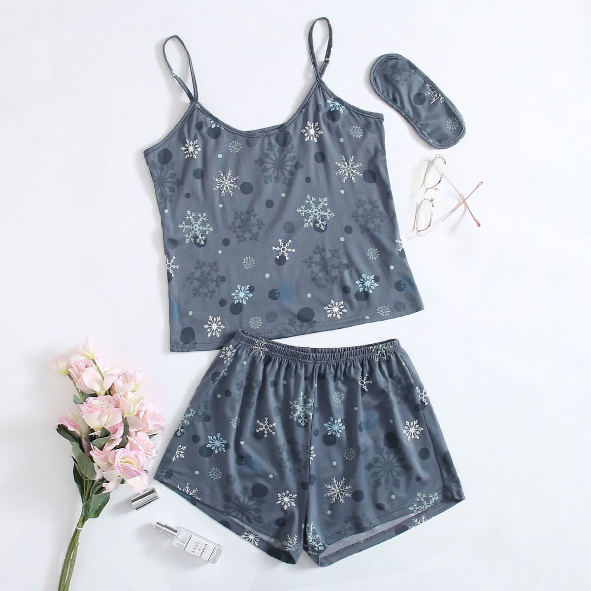 

Snowflake Print Cami PJ Set & Eye Cover, Dusty blue