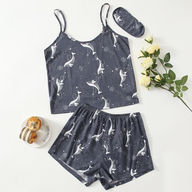

Whale And Galaxy Print Cami PJ Set & Eye Cover, Dusty blue