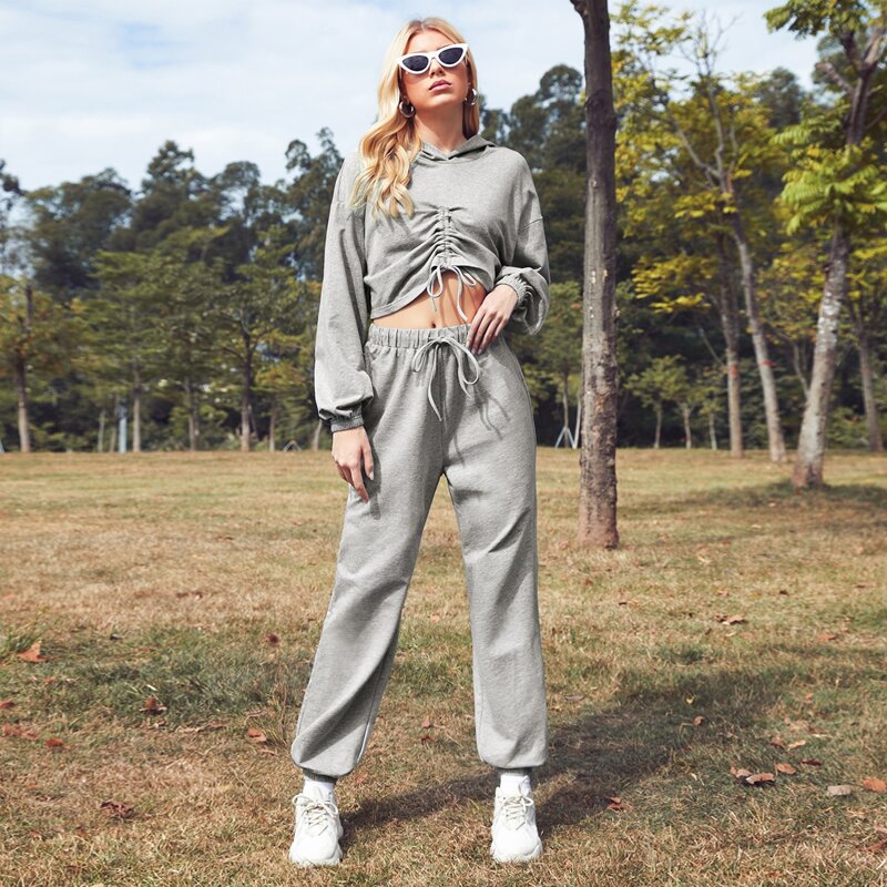 

Drawstring Front Hoodie and Joggers Set, Light grey