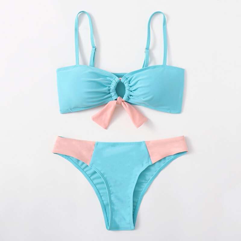 

Colorblock Knot Bikini Swimsuit, Mint blue