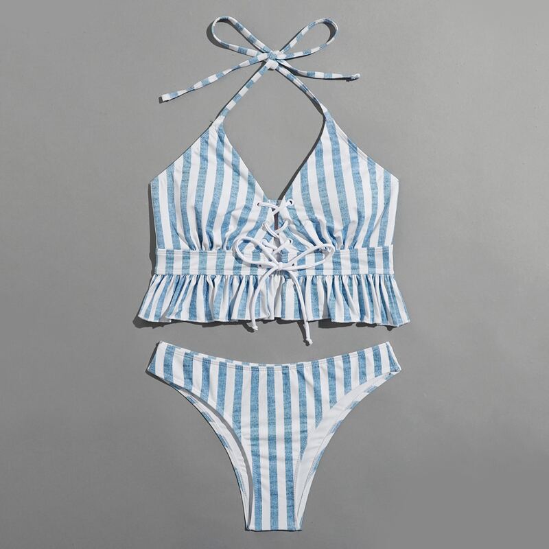 

Striped Lace Up Bikini Swimsuit, Blue and white