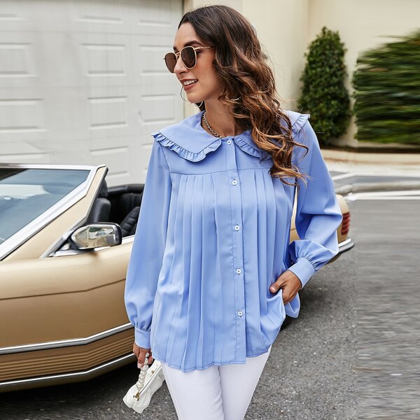 

Button Front Statement Collar Pleated Top, Blue