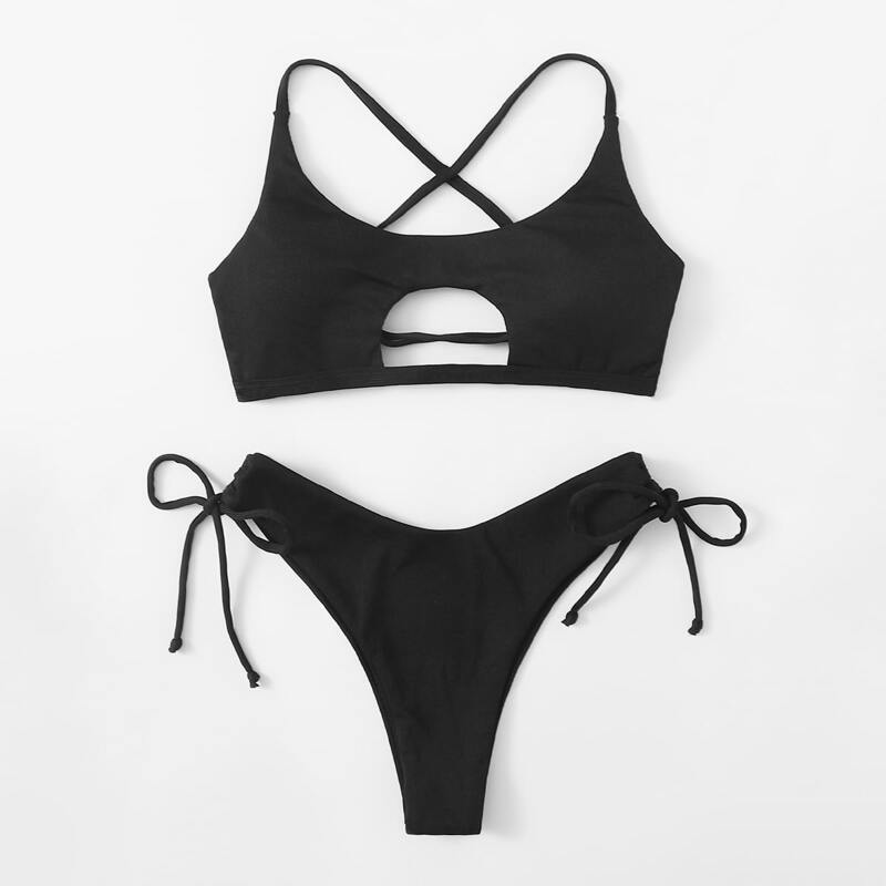 

Cut-out Tie Side Bikini Swimsuit, Black