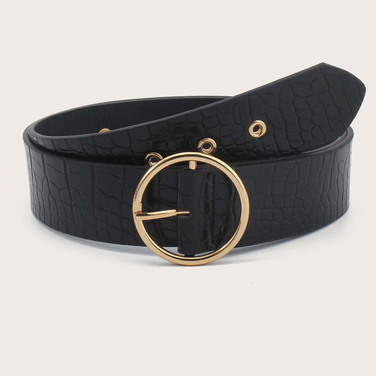 

Round Buckle Snakeskin Belt, Black