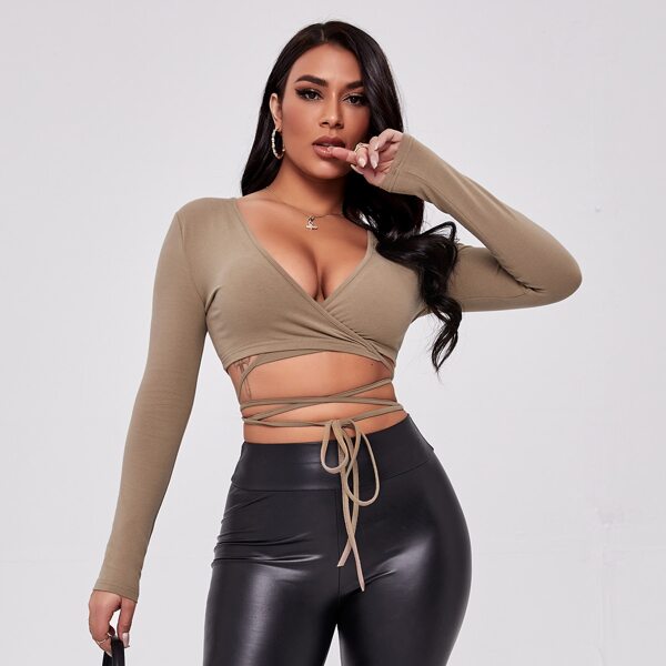 

Crisscross Detail Tie Hem Top, Mocha brown