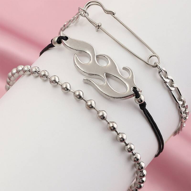 

3pcs Flame & Safety Pin Chain Bracelet, Silver