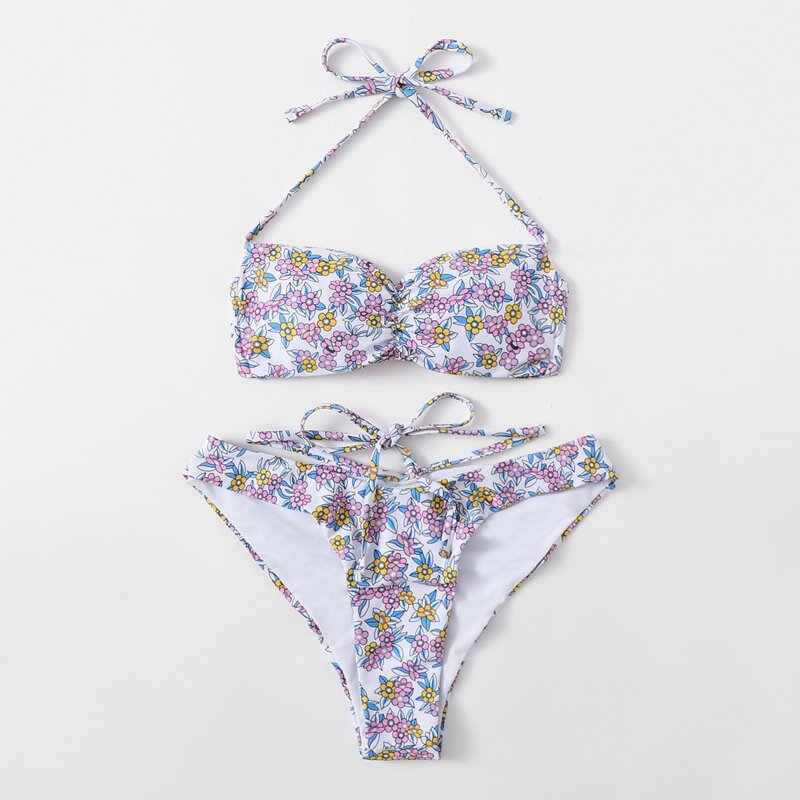 

Floral Ruched Halter Bikini Swimsuit, Multicolor