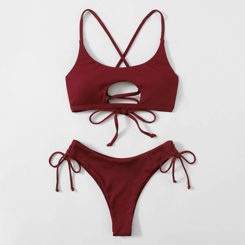 

Cut-out Tie Side Bikini Swimsuit, Burgundy