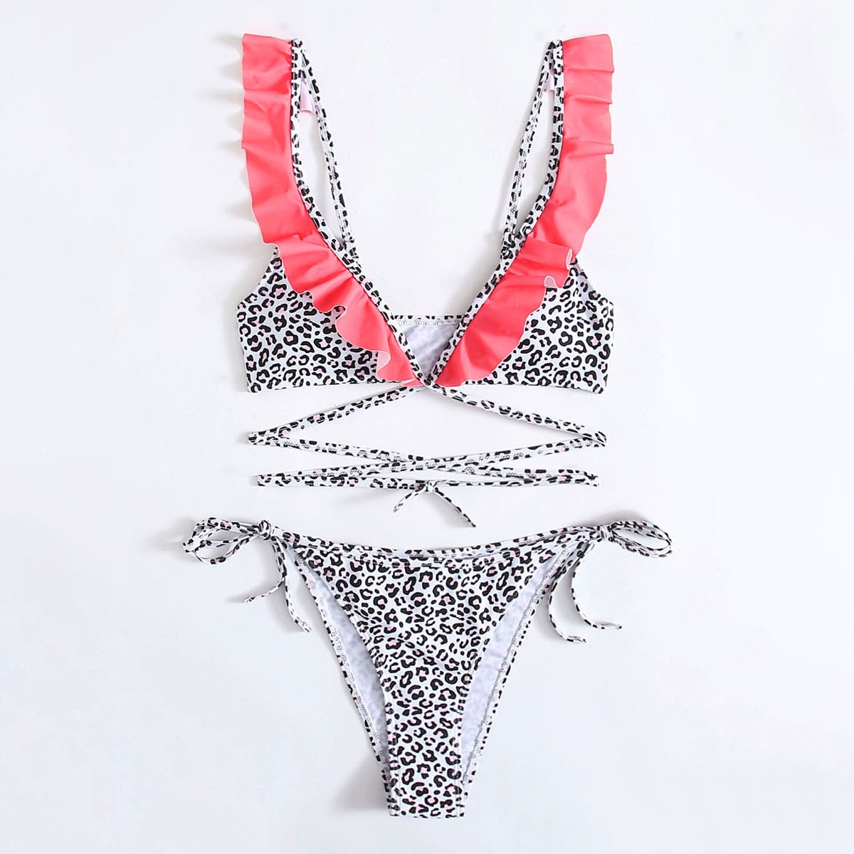 

Leopard Ruffle Criss Cross Tie Side Bikini Swimsuit, Multicolor