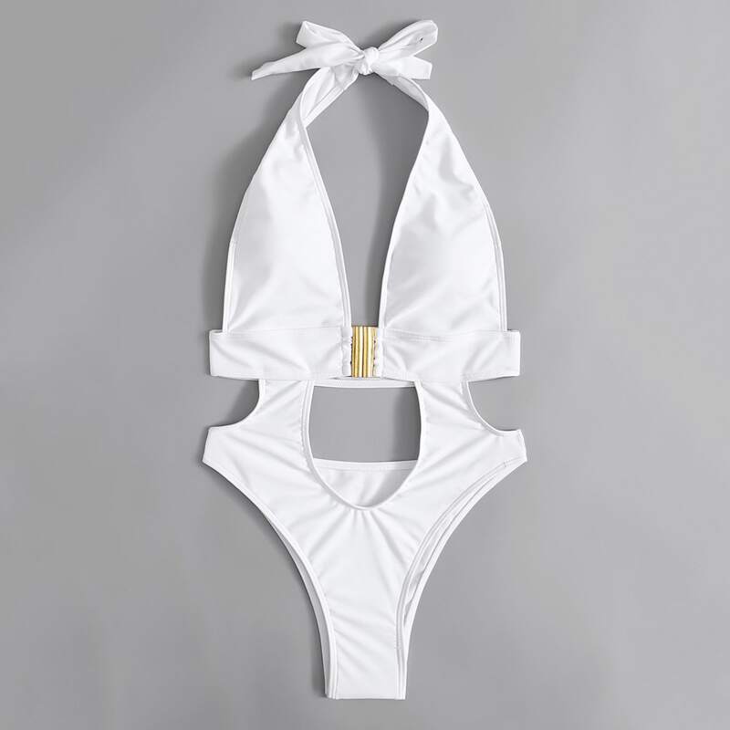 Solid Cut Out Halter One Piece Swimsuit, White