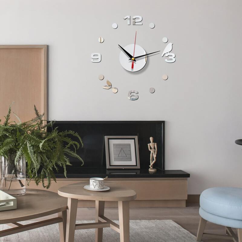 

1set Bird Mirror Surface Wall Clock, Silver