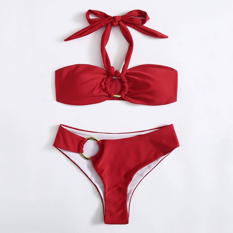 

Solid O-ring Linked Bikini Swimsuit, Red