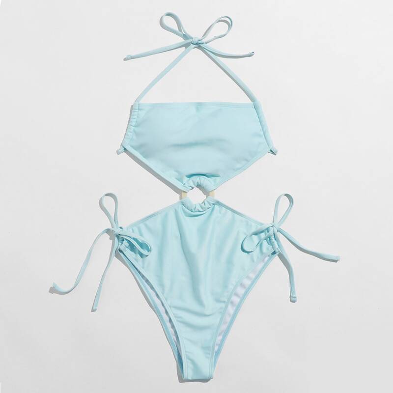 

O-ring Linked Halter One Piece Swimsuit, Baby blue