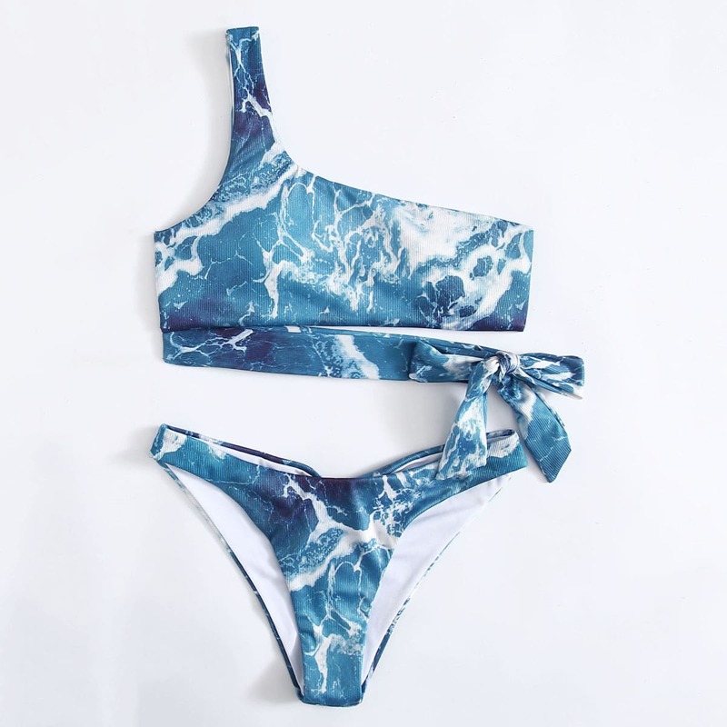 

Marble Print One Shoulder Tie Bikini Swimsuit, Blue